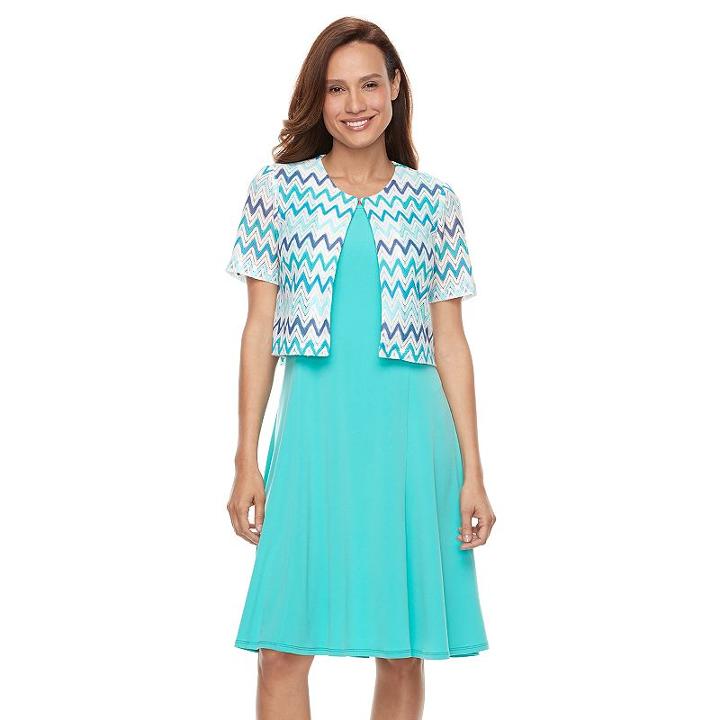 Women's Perceptions Chevron Dress & Jacket Set, Size: Small, Turquoise/blue (turq/aqua)