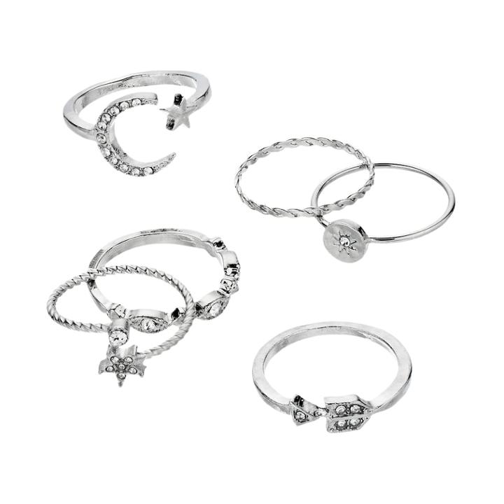 Silver Tone Simulated Crystal Moon & Stars Ring Set, Women's, Size: 7