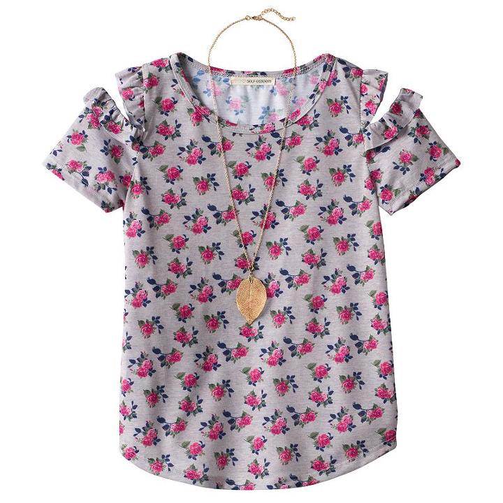 Girls 7-16 & Plus Size Self Esteem Patterned Cold Shoulder Top With Necklace, Girl's, Size: Xxl Plus, Grey