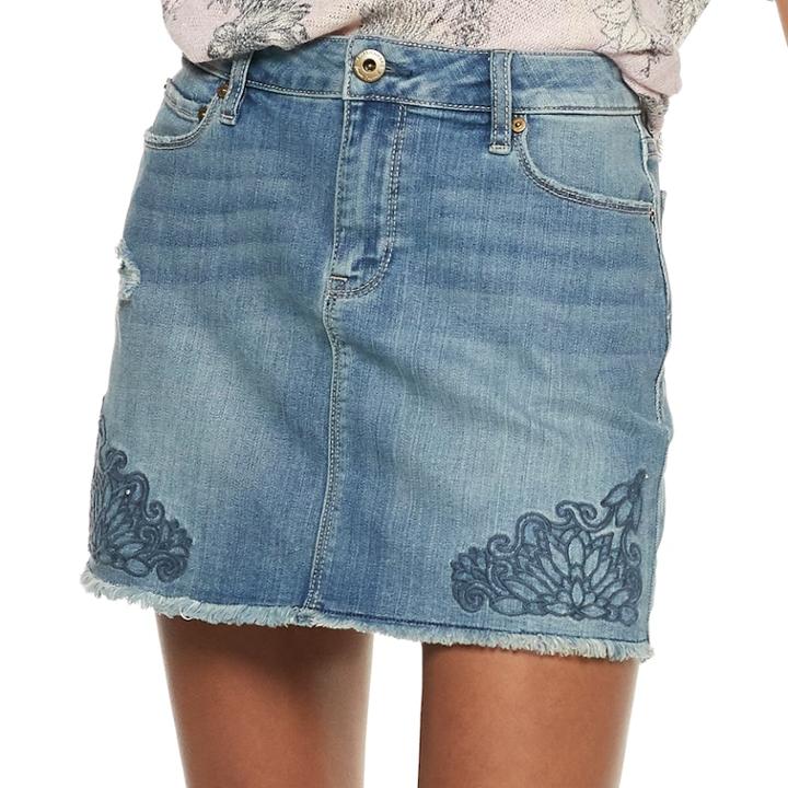 Juniors' American Rag Floral Denim Mini Skirt, Size: 13, Blue