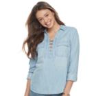 Juniors' So&reg; Lace-up Chambray Shirt, Teens, Size: Medium, Med Blue