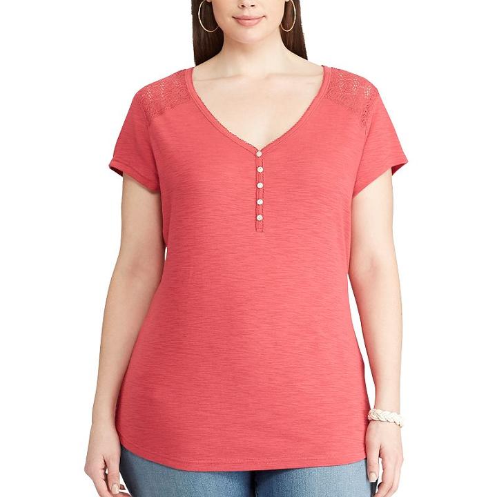 Plus Size Chaps Lace Yoke Henley, Women's, Size: 3xl, Red