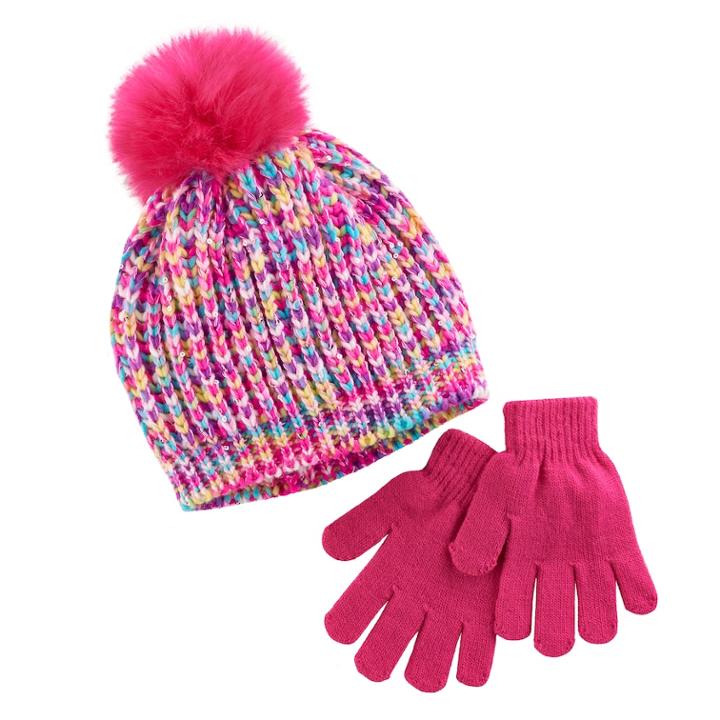 Girls 4-16 Faux-fur Pom Top Marled Hat & Gloves Set, White