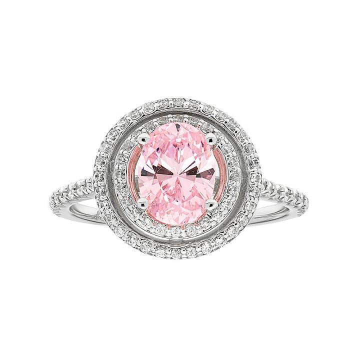 Sterling Silver Pink Cubic Zirconia Oval Double Halo Ring, Women's, Size: 5