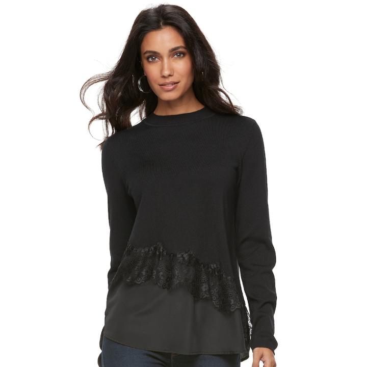 Women's Elle&trade; Asymmetrical Mixed-media Sweater, Size: Small, Black