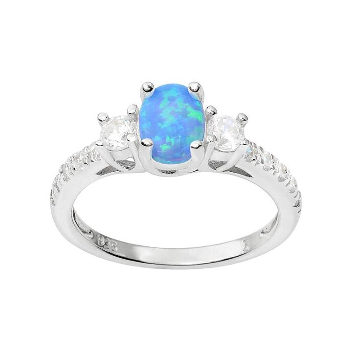 Journee Collection Simulated Opal And Cubic Zirconia Sterling Silver 3-stone Ring, Women's, Size: 6, Blue