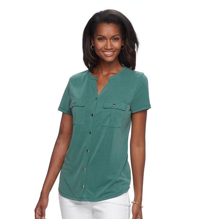 Women's Croft & Barrow&reg; Knit Button-front Shirt, Size: Large, Dark Green