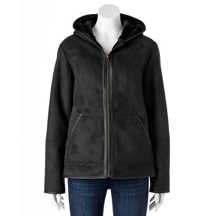 Women's Excelled Faux-shearling Hooded Jacket, Size: Small, Black