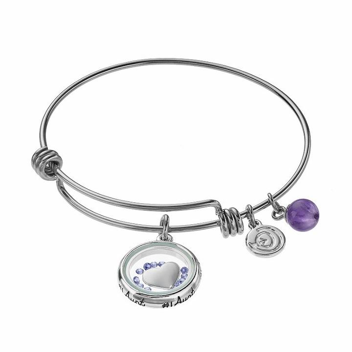 Love This Life Amethyst & Crystal #1 Aunt Floating Charm Bangle Bracelet, Women's, Grey