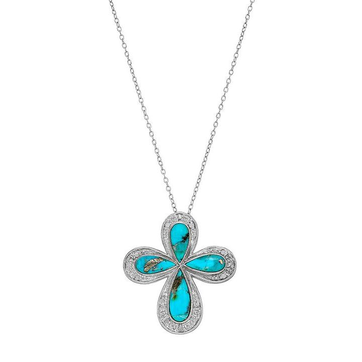 Sterling Silver Simulated Turquoise & 1/10 Carat T.w. Diamond Cross Pendant, Women's, Size: 18, Blue
