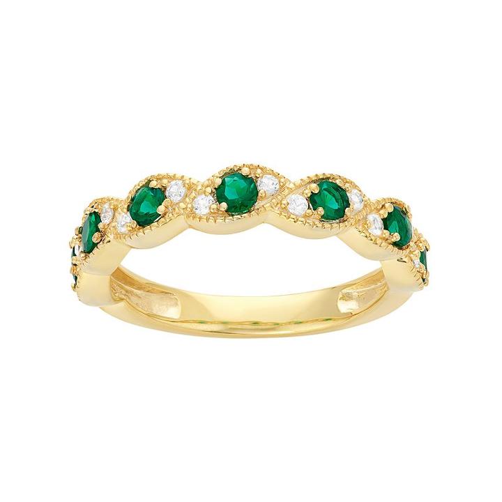 14k Gold Over Silver Lab-created Emerald & Lab-created White Sapphire Scalloped Ring, Women's, Size: 7, Green