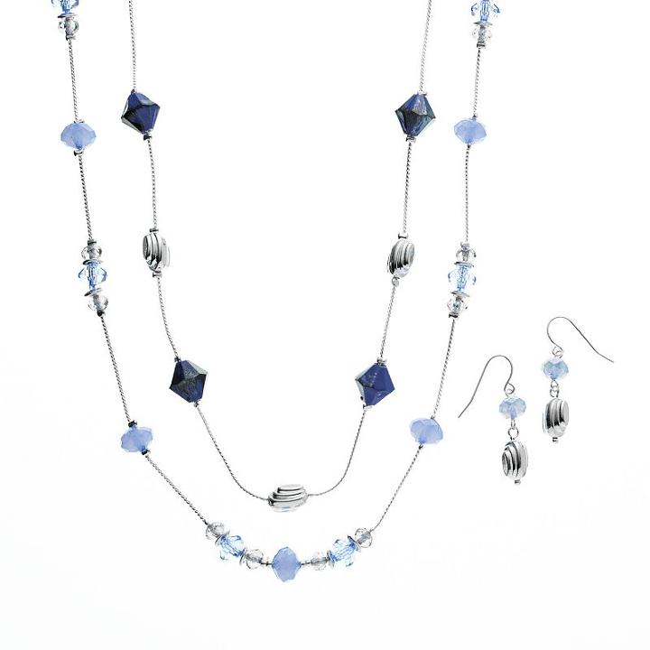 Bead Long Multistrand Necklace & Drop Earring Set, Women's, Blue