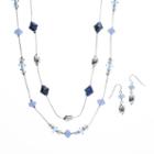 Bead Long Multistrand Necklace & Drop Earring Set, Women's, Blue