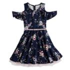 Girls 7-16 Beautees Cold Shoulder Belted Ruffled Skater Dress, Size: 10, Blue (navy)