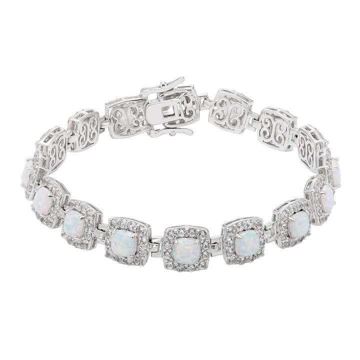 Sterling Silver Lab-created Opal & White Sapphire Halo Bracelet, Women's, Size: 7.5