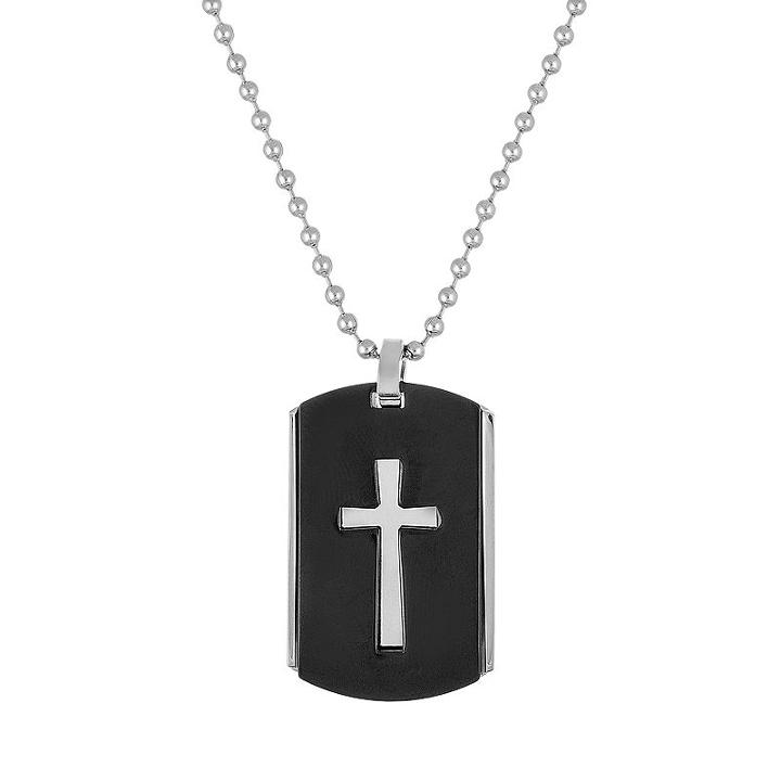 1913 Men's Two Tone Stainless Steel Cross Dog Tag Necklace, Grey