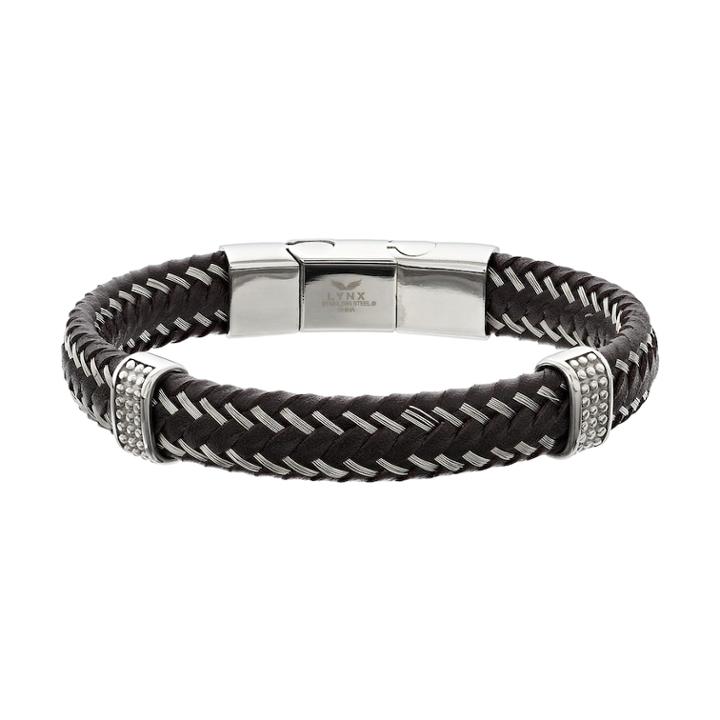 Lynx Men's Braided Leather & Stainless Steel Bracelet, Size: 8.5, Brown