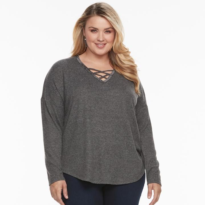 Plus Size Jennifer Lopez Embellished Crisscross Top, Women's, Size: 3xl, Grey (charcoal)