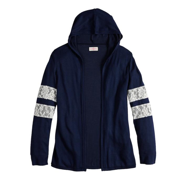 Girls 7-16 & Plus Size So&reg; Lace-stripe Hooded Cardigan, Size: 12 1/2, Blue (navy)