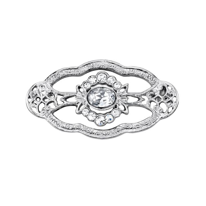 Downtown Abbey Silver Tone Filigree Simulated Crystal Pin, Women's, White