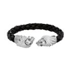 Men's Stainless Steel & Black Leather Cubic Zirconia Lion Cuff Bracelet, Size: 8.5