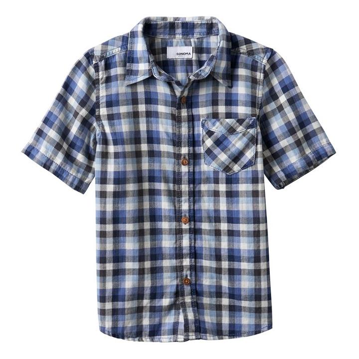 Boys 4-7x Sonoma Goods For Life™ Plaid Button Down Short Sleeve Shirt, Boy's, Size: 4, Blue (navy)