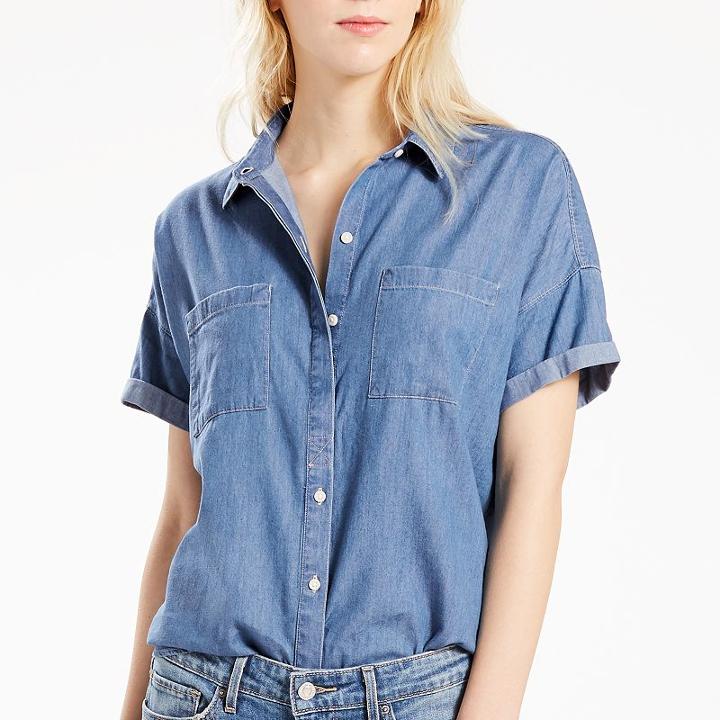 Women's Levi's Short Sleeve Button-down Top, Size: Medium, Med Blue