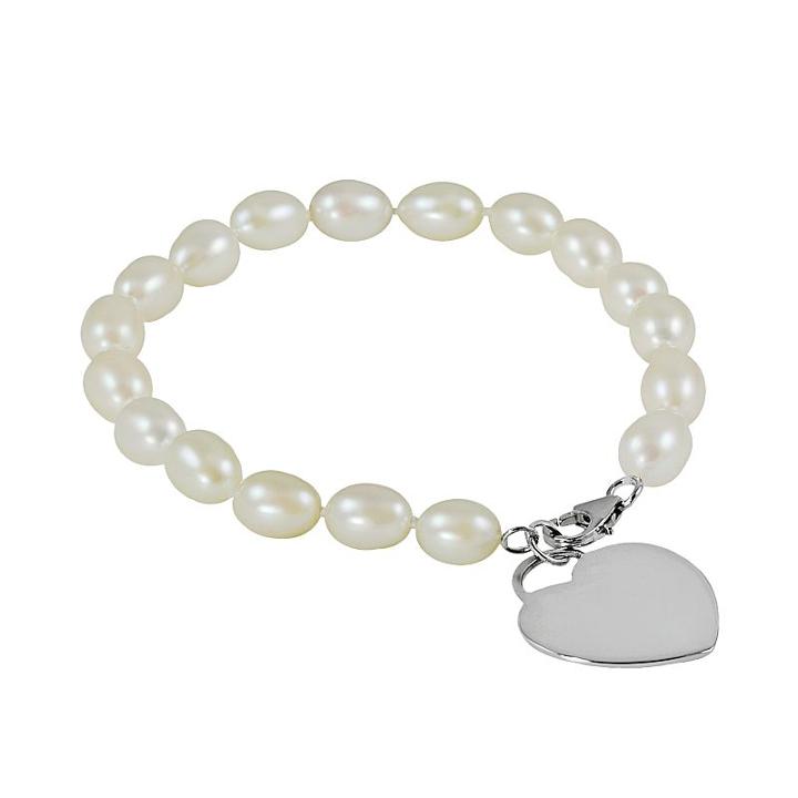 Sterling Silver Freshwater Cultured Pearl Heart Charm Bracelet, Women's, White