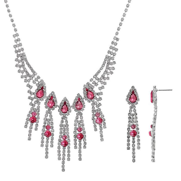 Crystal Allure Fringe Necklace And Linear Drop Earring Set, Women's, Size: 13.5, Pink