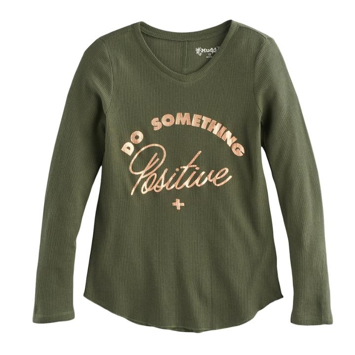 Girls 7-16 & Plus Size Mudd&reg; V-neck Thermal Graphic Tee, Size: 16, Dark Green