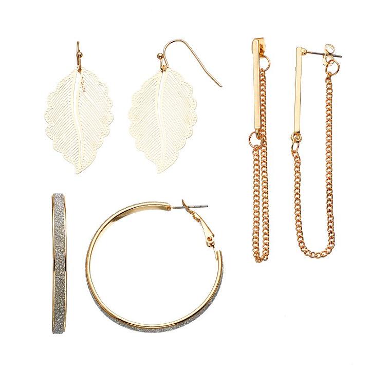 Mudd&reg; Leaf, Bar Chain & Glittery Hoop Earring Set, Girl's, Multicolor