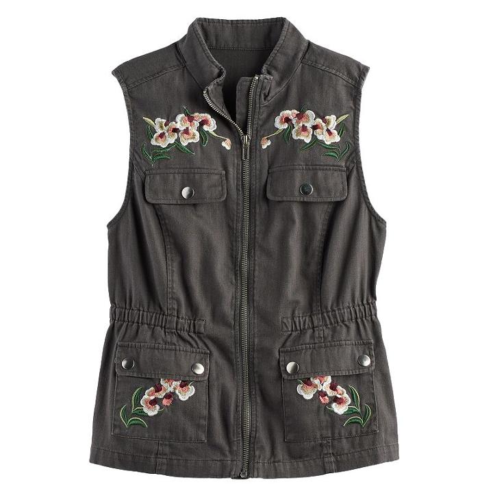 Girls 7-16 Mudd&reg; Flower Embroidered Utility Vest, Size: 7-8, Grey Other