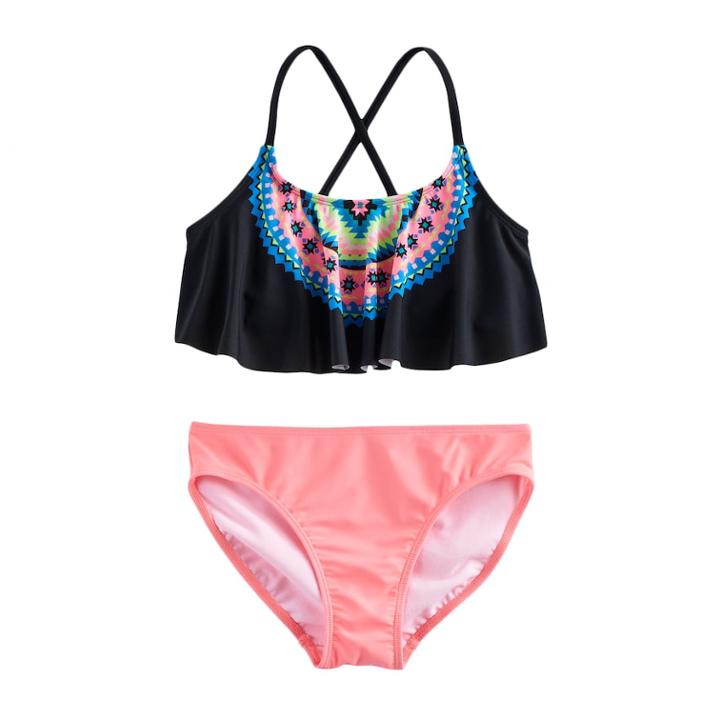 Girls 7-16 So&reg; Tribal Print 2-pc. Swimsuit Set, Size: 10, Black