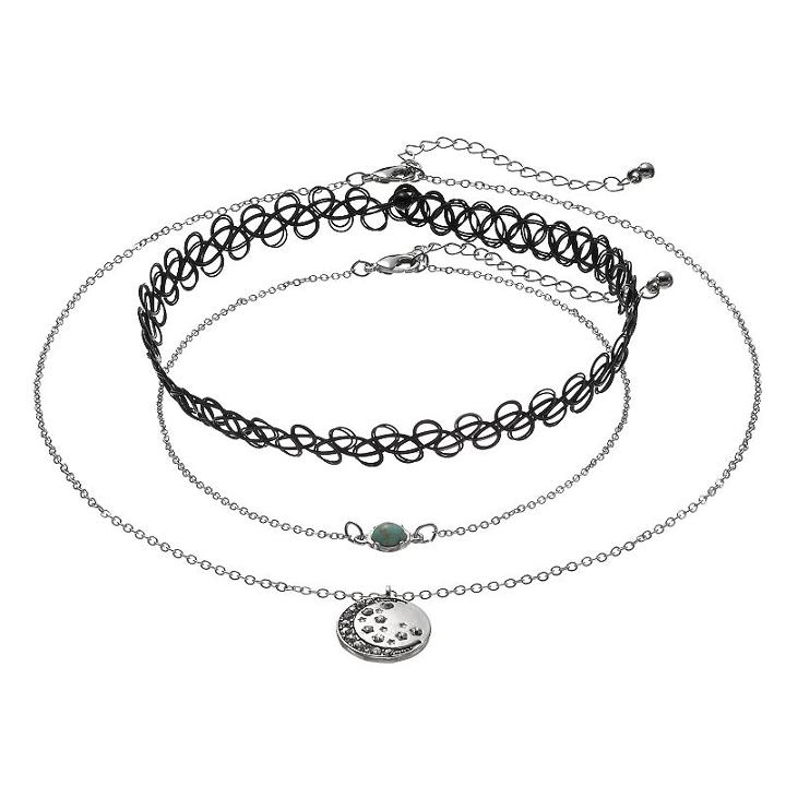 Mudd&reg; Crescent Pendant, Simulated Turquoise & Tattoo Choker Necklace Set, Women's, Black
