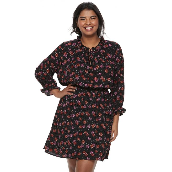 Juniors' Plus Size Wrapper Floral Dotted Peasant Dress, Teens, Size: 2xl, Black Multi