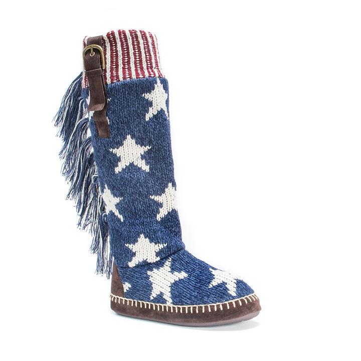 Muk Luks Women's Angela Stars & Stripes Boot Slippers, Size: Large, Blue (navy)