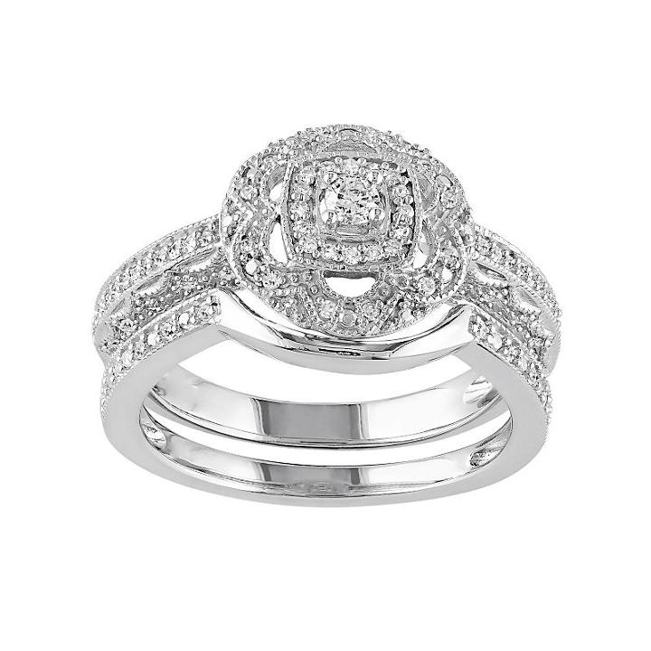 Diamond Halo Engagement Ring Set In Sterling Silver (1/3 Carat T.w.), Women's, Size: 7, White