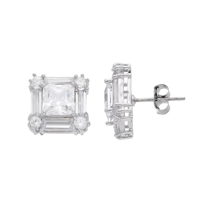 Starlight Silver Plated Cubic Zirconia Square Stud Earrings, Women's, White