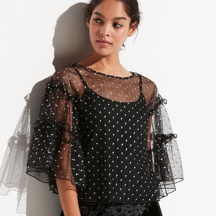 K/lab Dot Tiered Ruffle Top, Size: Large, Black