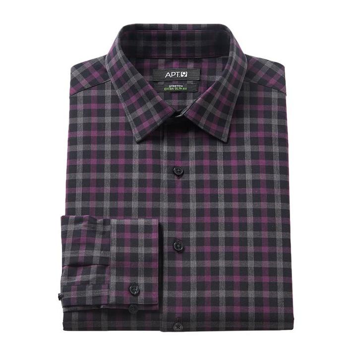 Apt. 9, Men's &reg; Extra-slim Fit Gingham-checked Stretch Dress Shirt, Size: 17 36/37, Med Purple