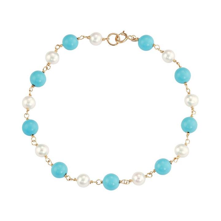 14k Gold Simulated Turquoise & Freshwater Cultured Pearl Station Bracelet, Women's, Size: 7.5, Blue