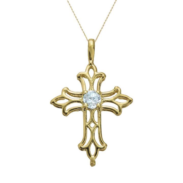 10k Gold Aquamarine Filigree Cross Pendant, Women's, Size: 18, Blue