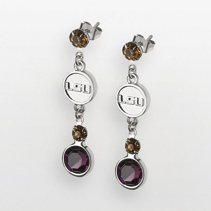 Lsu Tigers Silver Tone Crystal Logo Linear Drop Earrings, Women's, Multicolor