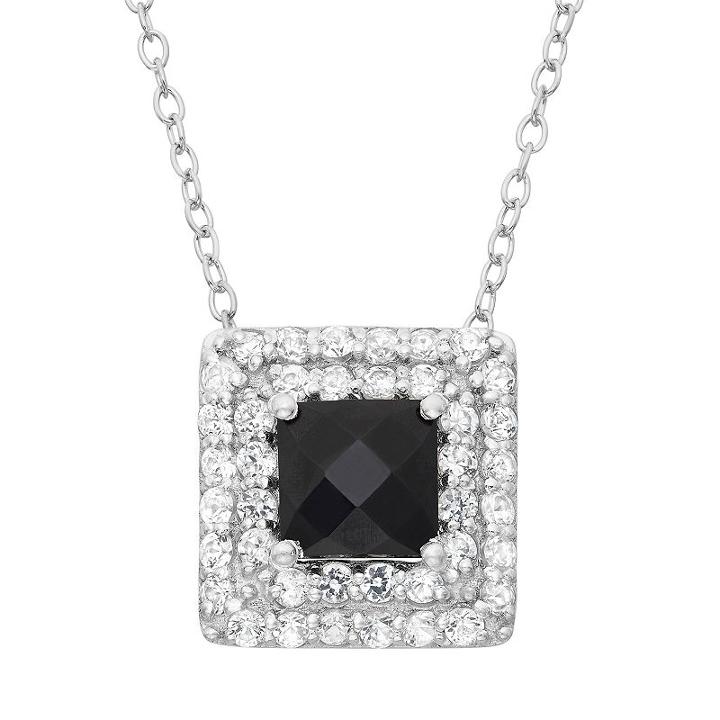 Onyx And Lab-created White Sapphire Sterling Silver Square Halo Pendant Necklace, Women's, Size: 18, Black