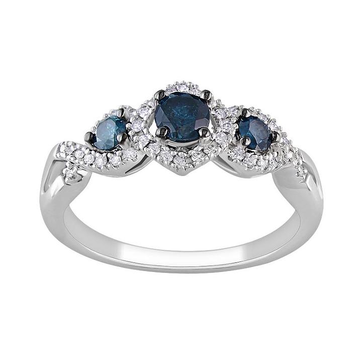 Round-cut Blue & White Diamond 3-stone Engagement Ring In 14k White Gold (1/2 Ct. T.w.), Women's, Size: 7