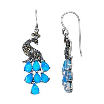Tori Hill Sterling Silver Simulated Blue Opal & Marcasite Peacock Drop Earrings, Women's, Grey