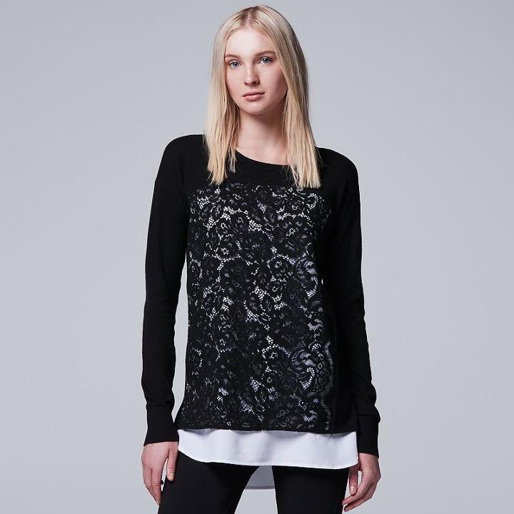 Women's Simply Vera Vera Wang Mock-layer Lace Front Top, Size: Large, Black
