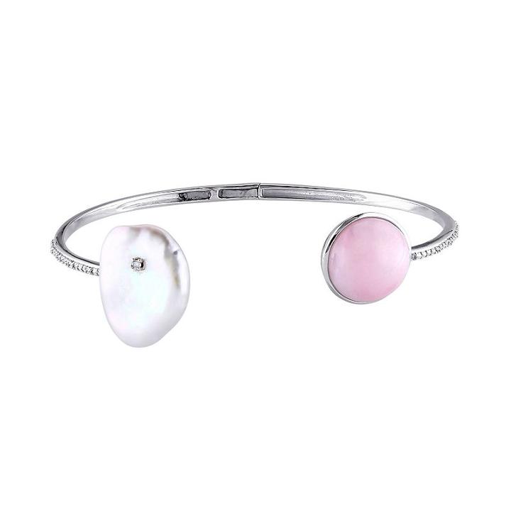 Pink Opal, Keishi Freshwater Cultured Pearl & Diamond Accent Sterling Silver Cuff Bracelet, Women's, Size: 7
