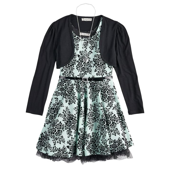 Plus Size Girls 7-16 Belted Skater Dress & Shrug, Size: 14 1/2, Green