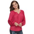 Women's Jennifer Lopez Lace-up Satin Peasant Top, Size: Xxl, Dark Pink